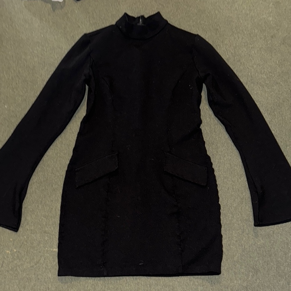 Black Ribbed Bodycon Dress with Bell Sleeves